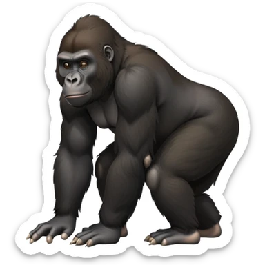 cinematic-friendly relaxed young gorilla-realistic-full-body-crouched on all fours on knuckles-emoji,-poised-with-confidence,-massive-arms-hanging-slightly-forward,-head-tilted-thoughtfully,-thick-black-fur, friendly ,-simplified-yet-realistic sticker