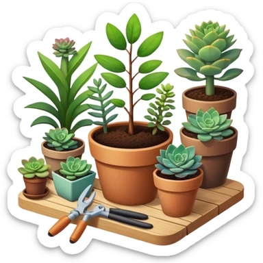 Close-up of a potted sapling in rich soil surrounded by vibrant plants and succulents. Bright sunlight filters through the window, casting soft shadows. Nearby gardening tools rest on a wooden table. Cozy indoor atmosphere with greenery and flowers. sticker