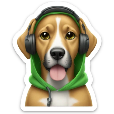Dog wearing black headphones and a green hoodie sticker
