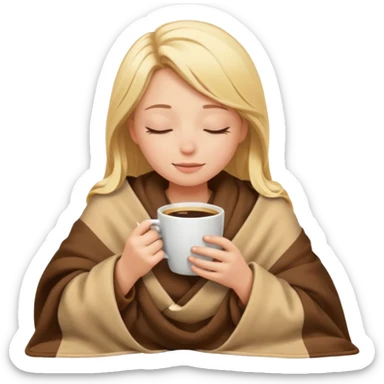 blonde girl inside a blanket, enjoying coffee, eyes closed, relaxed mood, emoji style sticker