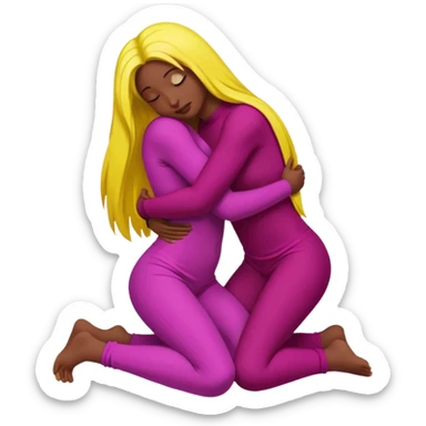 One figure is dark magenta and is kneeling.
	•	The other figure is yellow with long hair and is being held, with their arms around the magenta figure’s neck.
	•	The yellow figure’s legs wrap around the magenta figure’s waist, suggesting a close, intimate embrace. sticker