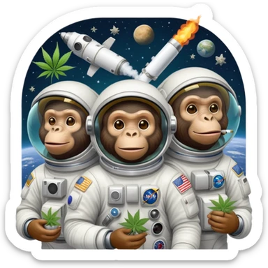 group of apes in astronaut suits floating in space smoking weed sticker