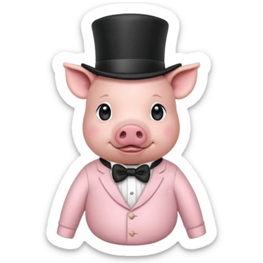 Pig wearing a long sleeve tshirt, baby pink, with the print ’suiade’ and a top hat sticker