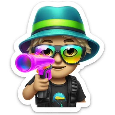 Caucasian boy in glowing rave gear with sunglasses and mask and hat and shooting a bubble gun sticker