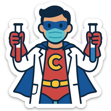 flat toon style chemistry superhero wearing a mask holding test tubes with bold colors sticker