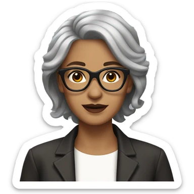 Lady with a pointed chanel black and gray hair,  light brown eyes with brown glasses sticker