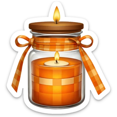 Brown jar with an orange checkered ribbon and candle in it sticker