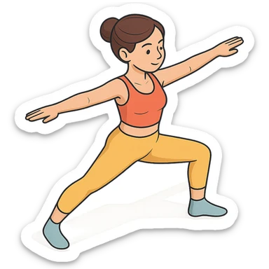 girl in cute yoga outfit performing warrior II pose (Virabhadrasana II), 2D isometric style, very detailed facial features, elongated body, many shadows and highlights, clean contours, soft lighting, transparent background sticker
