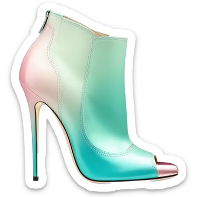 Realistic isolated top front view of a pair of metalliic tiffany blue to pastel pink ombre Jimmy Choo peep toe stiletto ankle booties. sticker