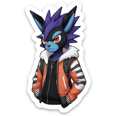 Cool Anthro Black Noivern-Absol-Litten-Pokémon with edgy stripes hoodie spiked collar punk Full Body sticker