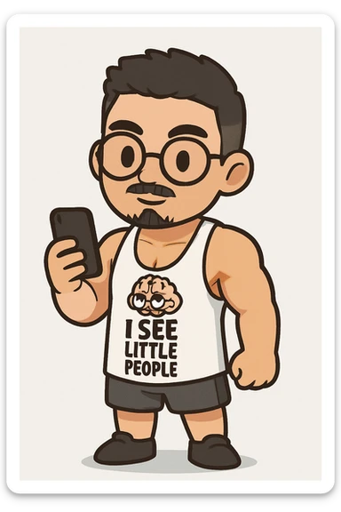 Full body illustration of a young, strong man with short dark hair, round glasses, a mustache and thin goatee, wearing a white gym tank top. Style is cute, cartoon, simplified, with bold black lines and soft colors, matching the chibi stickers style. sticker