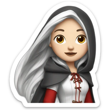 White girl long straight black hair with white streak hair and red ridding hood sticker