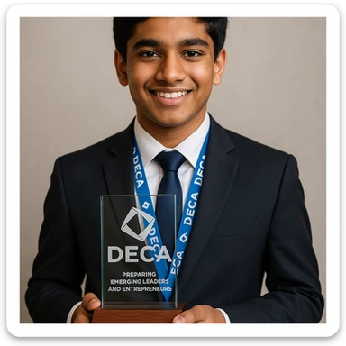 Portrait of an Indian teenage boy in a suit, proudly holding the official DECA glass trophy: a rectangular glass top on a wood base, with the DECA logo and etching clearly visible. The boy is wearing a DECA lanyard and smiling confidently. sticker