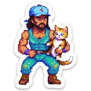 Razor Ramon from Sega WWF Mania video game defeating a cat wearing a cap, 16-bit style sticker