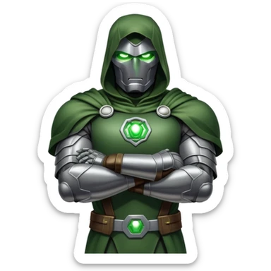 Doctor Doom with arms crossed and green glowing eyes sticker