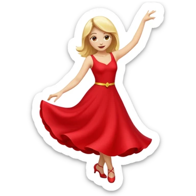a yellow-blonde woman dancing wearing a red dress, in flat emoji / Apple style, smooth shapes, glossy highlights, bright saturated colors, simple features, minimal details, no outlines, red clothes flowing, joyful pose sticker