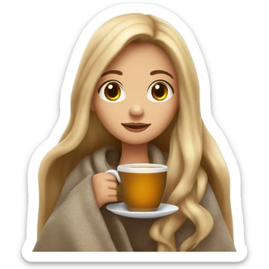 Dark blonde girl with long hair snuggled up in a blanket and holding a hot tea in her hands Dark blonde girl with long hair snuggled up in a blanket and holding a hot tea in her hands sticker