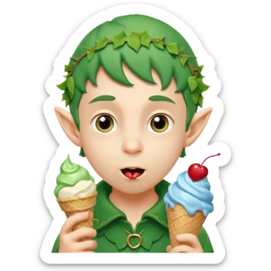 
A young elf boy in leafy clothes licking a triple-scoop ice cream with wide eyes.


A playful forest elf sitting on a log, balancing a huge ice cream tower in one hand.




 sticker