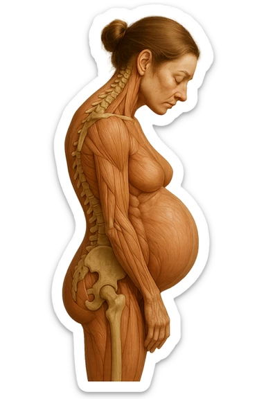 donna in gravidanza di profilo con spina dorsale in evidenza, postura storta, spalle chiuse in avanti, iperrealistica 4k sticker