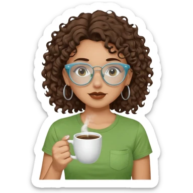 White girl with dark brown curly hair, brown eyes, sky blue glasses, nose piercing septum, green t shirt, drinking coffee from a cup sticker