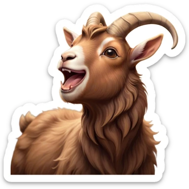 Cinematic Cute Yawning Brown Goat Portrait Emoji, Head tilted slightly with a dramatic, wide-open yawn, showcasing a soft, downy brown fur with delicate horns and gently drooping ears, round eyes barely open in drowsy contentment, Simplified yet irresistibly adorable features, highly detailed, glowing with a soft, cozy glow, high shine, relaxed yet expressive, stylized with a touch of rustic whimsy, bright and endearing, soft glowing outline, capturing the essence of a sleepy yet affectionate goat, so drowsy it feels like it could stretch out of the screen and curl up for a nap! sticker