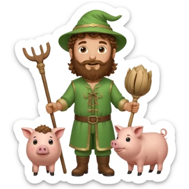 happy young shepard with long curly brown beard and long curly brown hair, in green magical outfit, with wooden shepard stick in hands, taking care of pigs sticker