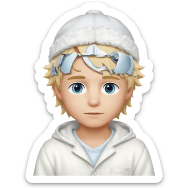 Create a look for a blond boy with long, tousled hair, light eyes, a white sweater, a wealthy appearance, blue eyes, and accessories like a Rolex or Cartier watch, and a cute face with messy hair down. blue eyes + + pajama white fluffy + cap fluffy + blush sticker
