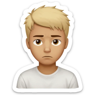 caramel skin color. Teen age. Short buzz, messy blonde hair, dark brown bushy eyebrows large expressive golden-brown eyes, brown skin color, scar over nose, wearing a plain white t-shirt. 20 year old male. Disappointed thinking facial expression. caramel skin color.  sticker