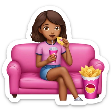 home brown girl with chips and soda drink at the pink sofa sticker