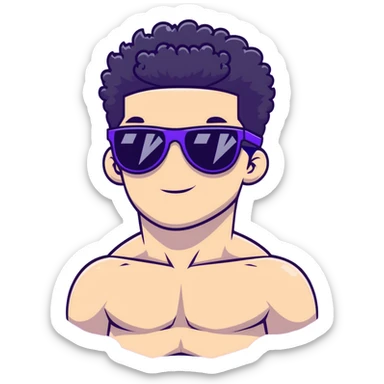 shirtless male athlete with white skin and moderately curly black hair on top with shaved sides, wearing purple sunglasses with black tinted lenses sticker