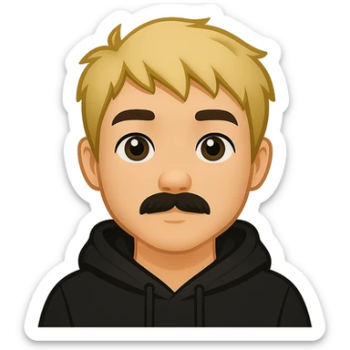 Add a black hoodie to the Asian man with a small mustache and short messy blond hair in emoji style. Preserve the transparent background. sticker