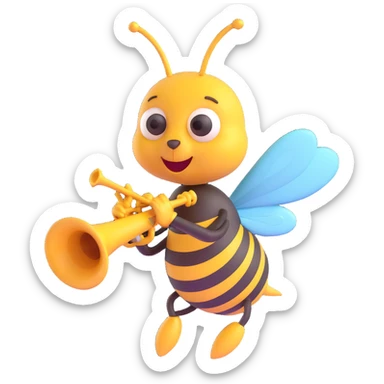 a bee blowing a trumpet, playful and lively sticker