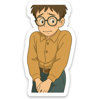 ghibli style dorky character with glasses, shy pose sticker