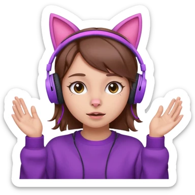 une fille avec des écouteurs de chat rose et des cheveux brun qui fais une grimasse chandaille mauve sticker