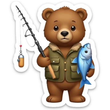 create a cartoon bear holding a fish and a fishing rod sticker