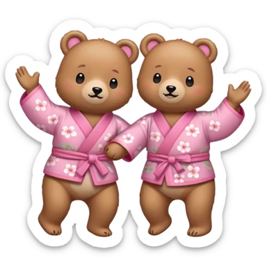 Two cute light-brown bears wearing pastel pink sakura-patterned kimonos, normal balanced body ratio.  
Holding hands and dancing happily together with music note icons and joyful movement lines.  
Kawaii emoji style, minimalistic clean sticker illustration, white background. sticker