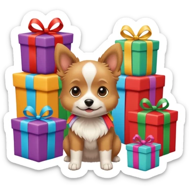 small dog surrounded by wrapping paper and open presents sticker