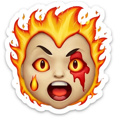 "A highly expressive emoji-style face with wide, bloodshot eyes and an open mouth, breathing a large burst of fire. The emoji has an exaggerated, cartoonish look with bright yellow and orange tones. The fire is detailed with red, orange, and yellow flames, creating a dramatic effect sticker