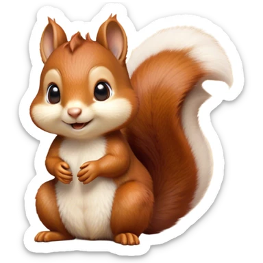Cinematic Cute Squirrel Portrait Emoji, Head tilted playfully and inquisitively, featuring a fluffy, vibrant auburn Fur with a delicate cream belly and a bushy tail, round, sparkling eyes filled with curious mischief, Simplified yet irresistibly adorable features, highly detailed, glowing with a warm, friendly glow, high shine, affectionate and lively, stylized with a touch of woodland whimsy, bright and endearing, soft glowing outline, capturing the essence of a mischievous yet loving squirrel, so playful it feels like it could leap out of the screen and into your arms! sticker