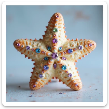 photorealistic sea star with pastel rainbow hues, decorated with rhinestones and glitter, soft lighting, natural texture, gentle cute expression sticker