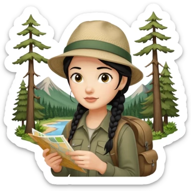 A braid black hair backpacking woman checking her map with curious eyes while walking in the woods with camping hat full body sticker