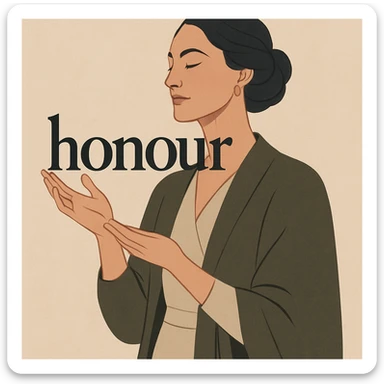 a dignified modern illustration of a woman holding the word 'honour' sticker