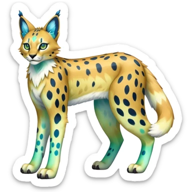 An iridescent transparent luminescent colorful fantasy-lynx-caracal-serval-fakemon-Digimon-creature-hybrid full body sticker