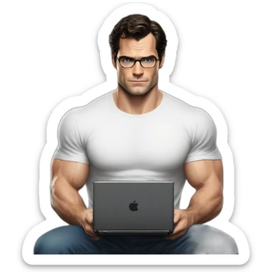 front view of henry cavill clark kent wearing white t-shirt using a laptop sticker