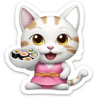 happy little cat in a pink dress eating sushi sticker