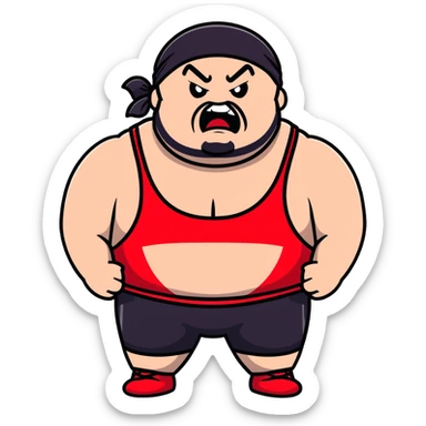White skin fat guy with prominent black durag, shaved beard stubble, black eyes in a red and black wrestling singlet with angry face sticker