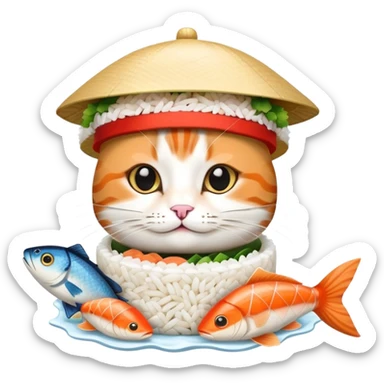 cat wearing a hat with a rice base and multiple fish pieces on top, sushi hat sticker