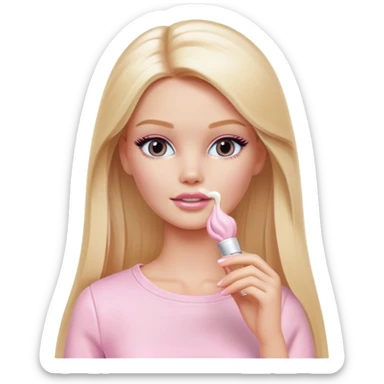 A white Barbie girl with long blonde straight hair in pale pink clothes smears cream on her face sticker