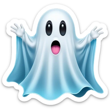 A hilariously exaggerated floating sheet ghost, its simple yet expressive form billowing with animated energy in vibrant whites and pale blues, with two wide, comically shocked eyes and a quirky, startled mouth, simplified yet overflowing with personality, highly detailed with a soft neon-like glowing outline, capturing the playful absurdity of a ghost caught off guard! sticker