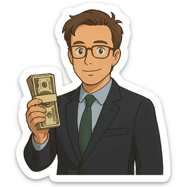ghibli style Nikolai Astrup, Norwegian politician, holding a pack of money in his hand sticker